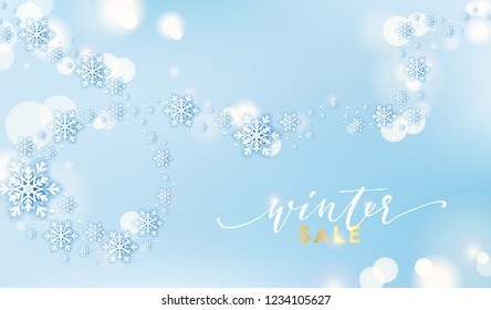 Winter snowflakes background with snow flakes and magic lights. Merry Christmas and Happy New Year greetings card. Snow fall text. Holidays seasonal background. Vector sale banner template. Snowfall.