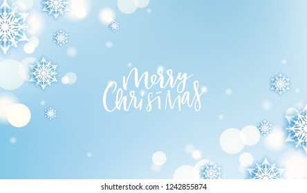Winter snowflakes background with snow flakes and magic lights. Merry Christmas and Happy New Year greetings card. Snow fall text. Holidays seasonal background. Vector sale banner template. Snowfall.