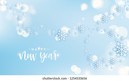 Winter snowflakes background with snow flakes and magic lights. Merry Christmas and Happy New Year greetings card. Snow fall text. Holidays seasonal background. Vector sale banner template. Snowfall.