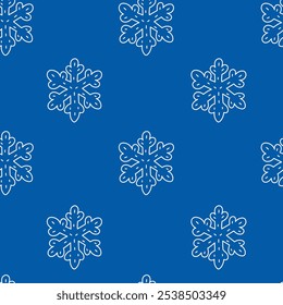 Winter Snowflakes Blue Seamless Pattern in doodle style. Hand drawn playful minimal seasonal background with outline tradition snow symbol. Repeat vector illustration.