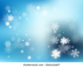 Winter snowflakes blue white vector backdrop. Unusual gradient snow flakes isolated poster background. New Year card border winter pattern with minimal snowflake shapes isolated. Snowstorm EPS10