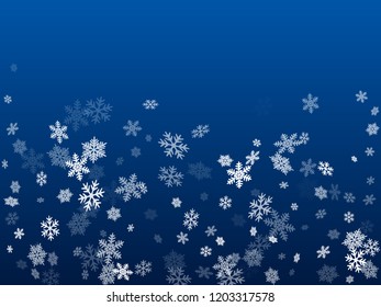 Winter snowflakes border card vector background.  Macro snowflakes flying border graphics, holiday card with flakes confetti scatter frame, snow elements. Frosty season symbols.