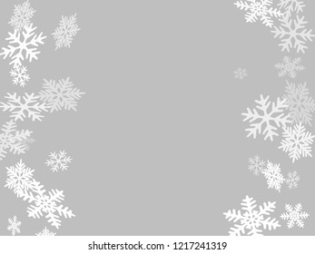 Winter snowflakes border card vector background.  Macro snowflakes flying border design, holiday card with flakes confetti scatter frame, snow elements. Freezing cold symbols.