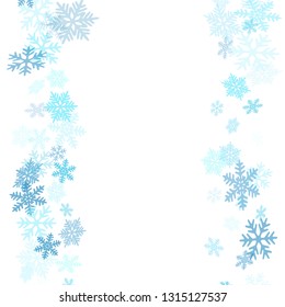 Winter snowflakes border card vector background.  Many snowflakes flying border design, holiday banner with flakes confetti scatter frame, snow elements. Frosty season symbols.