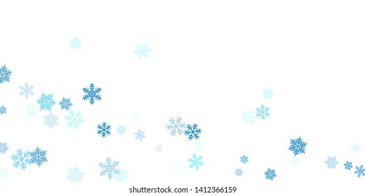 Winter snowflakes border card vector background.  Macro snowflakes flying border illustration, holiday card with flakes confetti scatter frame, snow elements. Seasonal winter symbols.