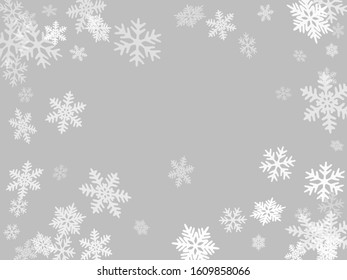 Winter snowflakes border card vector background.  Macro snow flakes flying border illustration, card or banner with flakes confetti scatter frame, snow elements. Cold weather winter symbols.