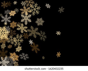 Winter snowflakes border card vector background.  Macro snowflakes flying border design, holiday card with flakes confetti scatter frame, snow elements. Seasonal winter symbols.