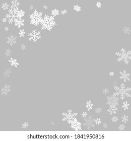 El invierno tira de nieve el fondo del vector de la tarjeta de borde.  Macrocopos de nieve con ilustración de borde volador, tarjeta o pancarta con flakes con marco de dispersión de confeti, elementos de nieve. Congelando símbolos fríos.