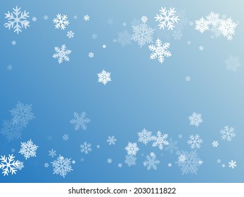 Winterschneeflocken, Grenzkarte, Vektorhintergrund.  Makro Schneeflocken fliegende Grenzgrafik, Ferienkarte mit Flocken Konfetti Streurahmen, Schneeelemente. Wintersymbolen bei kaltem Wetter.
