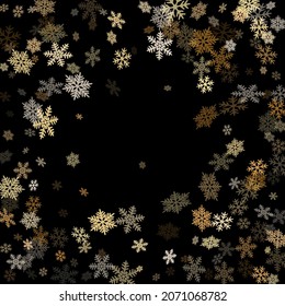 Winter snowflakes border card vector background.  Macro snow flakes flying border illustration, card or banner with flakes confetti scatter frame, snow elements. Frosty season symbols.