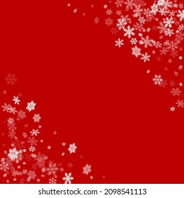 Winter snowflakes border card vector background.  Macro snowflakes flying border illustration, holiday card with flakes confetti scatter frame, snow elements. Cold season winter symbols.