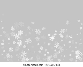 Winter snowflakes border card vector background.  Many snowflakes flying border design, holiday banner with flakes confetti scatter frame, snow elements. Frosty winter symbols.