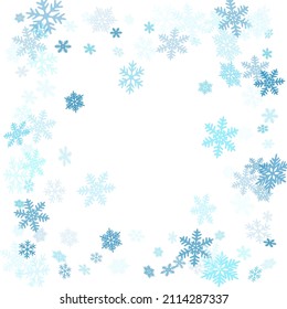 Winter snowflakes border card vector background.  Macro snowflakes flying border design, holiday card with flakes confetti scatter frame, snow elements. Frosty season symbols.