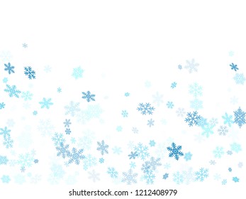 Winter snowflakes border cool vector background.  Macro snowflakes flying border design, holiday card with many flakes confetti scatter frame, snow elements. Cold season winter symbols.