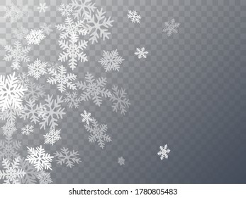 Winter snowflakes border cool vector background.  Many snowflakes flying border design, holiday banner with flakes confetti scatter frame, snow elements. Cold weather winter symbols.