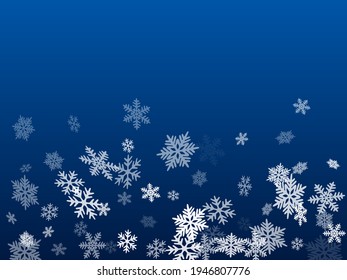 Winter snowflakes border cool vector background.  Macro snowflakes flying border illustration, card or banner with flakes confetti scatter frame, snow elements. Freezing cold symbols.