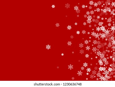 Winter snowflakes border magic vector background.  Macro snowflakes flying border illustration, holiday banner with flakes confetti scatter frame, snow elements. Cold weather winter symbols.