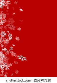 Winter snowflakes border magic vector background.  Macro snow flakes flying border illustration, card or banner with flakes confetti scatter frame, snow elements. Seasonal winter symbols.