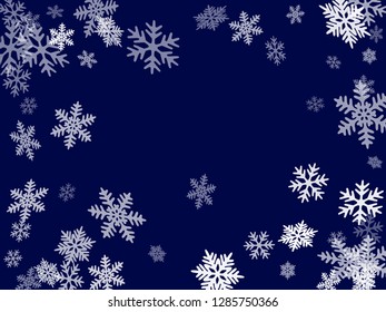 Winter snowflakes border magic vector background.  Macro snowflakes flying border design, holiday card with flakes confetti scatter frame, snow elements. Cold season winter symbols.