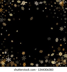Winter snowflakes border magic vector background.  Macro snowflakes flying border illustration, card or banner with flakes confetti scatter frame, snow elements. Frosty season symbols.