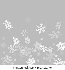 Winter snowflakes border magic vector background.  Many snowflakes flying border design, holiday banner with flakes confetti scatter frame, snow elements. Frosty season symbols.