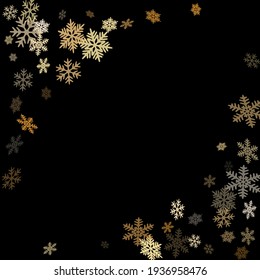 Winter snowflakes border magic vector background.  Macro snowflakes flying border design, holiday card with many flakes confetti scatter frame, snow elements. Frosty cold season symbols.