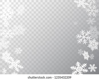 Winter snowflakes border minimal vector background.  Macro snow flakes flying border illustration, card or banner with flakes confetti scatter frame, snow elements. Frosty cold season symbols.