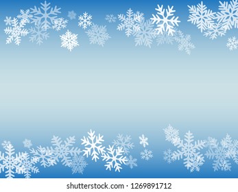 Winter snowflakes border minimal vector background.  Macro snowflakes flying border design, holiday card with flakes confetti scatter frame, snow elements. Seasonal winter symbols.