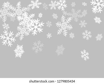 Los copos de nieve de invierno bordean el mínimo fondo vectorial.  Muchos copos de nieve volando diseño de frontera, banner de vacaciones con flakes confetti scatter frame, elementos de nieve. Símbolos fríos de invierno.