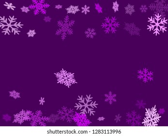 Winter snowflakes border minimal vector background.  Macro snowflakes flying border graphics, holiday banner with flakes confetti scatter frame, snow elements. Frosty season symbols.