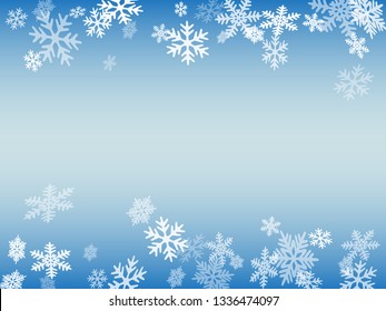 Winter snowflakes border minimal vector background.  Macro snowflakes flying border graphics, holiday card with flakes confetti scatter frame, snow elements. Freezing cold symbols.