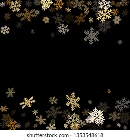 Winter snowflakes border minimal vector background.  Macro snowflakes flying border design, holiday card with many flakes confetti scatter frame, snow elements. Cold weather winter symbols.