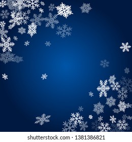 Winter snowflakes border minimal vector background.  Macro snow flakes flying border illustration, card or banner with flakes confetti scatter frame, snow elements. 