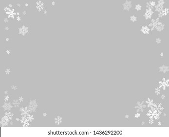 Winter snowflakes border minimal vector background.  Macro snowflakes flying border design, holiday card with flakes confetti scatter frame, snow elements. Frosty winter symbols.