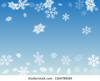 Winter snowflakes border minimal vector background.  Macro snowflakes flying border illustration, holiday card with flakes confetti scatter frame, snow elements. Seasonal winter symbols.
