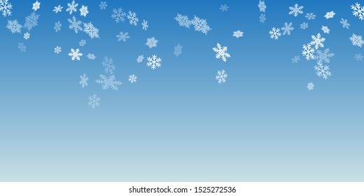 Winter snowflakes border minimal vector background.  Macro snowflakes flying border design, holiday banner with flakes confetti scatter frame, snow elements. Cold season winter symbols.