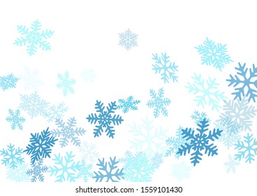 Winter snowflakes border minimal vector background.  Macro snowflakes flying border graphics, holiday banner with flakes confetti scatter frame, snow elements. Frosty cold season symbols.