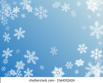 Winter snowflakes border minimal vector background.  Macro snowflakes flying border design, holiday card with flakes confetti scatter frame, snow elements. Cold season winter symbols.