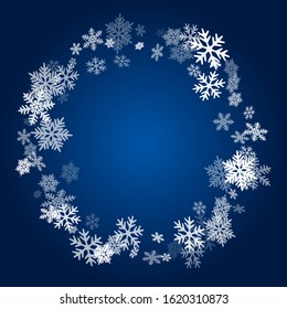 Winter snowflakes border minimal vector background.  Macro snowflakes flying border graphics, holiday card with flakes confetti scatter frame, snow elements. Frosty season symbols.