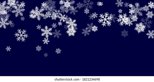 Winter Snowflakes Border Minimal Vector Background.  Macro Snowflakes Flying Border Design, Holiday Card With Many Flakes Confetti Scatter Frame, Snow Elements. Frosty Season Symbols.