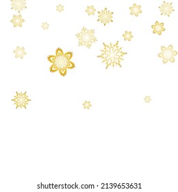 Winter snowflakes border minimal vector background. Christmas or New Year golden snowflake decoration garland on white background.  Winter frost print. Festive frame.