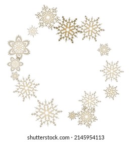 Winter snowflakes border minimal vector background. Christmas or New Year golden snowflake decoration garland on white background.  Winter frost print. Festive frame.