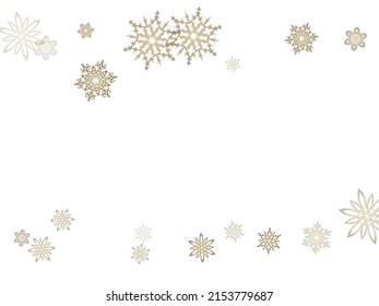 Winter snowflakes border minimal vector background. Falling snow with golden glitter snowflakes for party invite. Vector illustration.