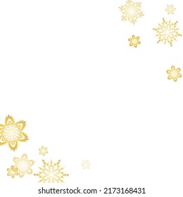 Winter snowflakes border minimal vector background. Falling snow with golden glitter snowflakes for party invite. Vector illustration.
