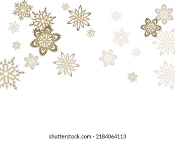 Winter snowflakes border minimal vector background. Christmas or New Year golden snowflake decoration garland on white background.  Winter frost print. Festive frame.