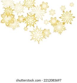 Winter snowflakes border minimal vector background. Christmas or New Year golden snowflake decoration garland on white background.  Winter frost print. Festive frame.