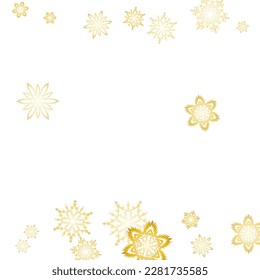 Winter snowflakes border minimal vector background. Falling snow with golden glitter snowflakes for party invite. Winter frost print. Festive frame.