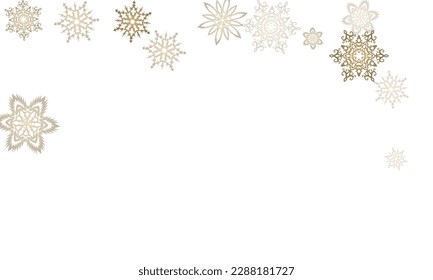 Winter snowflakes border minimal vector background. Macro snowflakes flying border design, holiday banner with flakes confetti scatter frame, snow elements. Winter frost print. Festive frame.