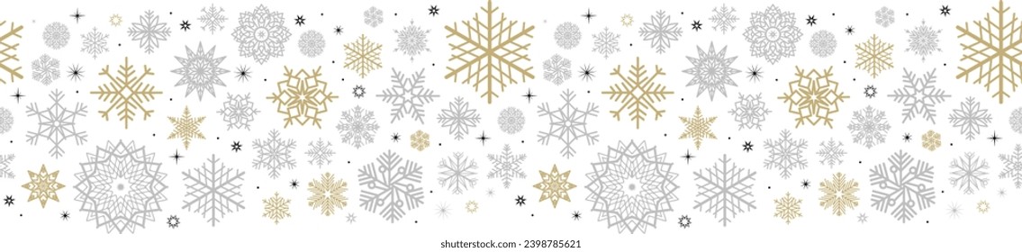 El invierno serpentea el borde mínimo del fondo vectorial. Macrocopos de nieve con diseño de borde sin fisuras, tarjeta de vacaciones con muchos confeti de copos
