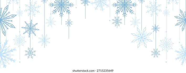Borde de copos de nieve de invierno sobre fondo blanco. Marco de Vector azul claro con los copos de nieve helados colgantes para las tarjetas de la Navidad, los Anuncios del año Nuevo, los carteles de las vacaciones, las invitaciones y el diseño estacional